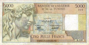 obverse: CARTAMONETA ESTERA - ALGERIA - Occupazione Francese (1839-1962) - 5.000 Franchi 20/12/1949     Qualche restauro. meglio di MB