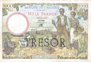 obverse: CARTAMONETA ESTERA - ALGERIA - Occupazione Francese (1839-1962) - 1.000 Franchi 04/05/1942  R  TRESOR Qualche restauro. qBB