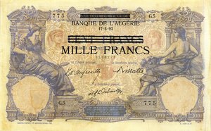 obverse: CARTAMONETA ESTERA - ALGERIA - Occupazione Francese (1839-1962) - 1.000 Franchi 17/05/1892  R. BB+