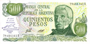 obverse: CARTAMONETA ESTERA - ARGENTINA - Repubblica  - 500 Pesos    Con timbro dei tifosi del Napoli per il primo scudetto. FDS