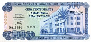 obverse: CARTAMONETA ESTERA - BURUNDI  - 500 Franchi 01/05/1988. qFDS