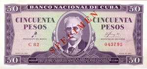 obverse: CARTAMONETA ESTERA - CUBA - Repubblica  - 50 Pesos 1961 SPECIMEN Pick 98. qFDS