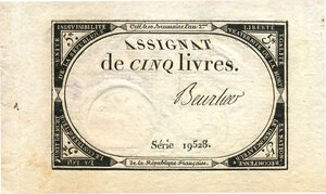 obverse: CARTAMONETA ESTERA - FRANCIA - Costituzione (1791-1795) - 5 Livres (1793) Pick A76. qSPL