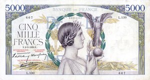 obverse: CARTAMONETA ESTERA - FRANCIA - Terza Repubblica (1870-1940) - 5.000 Franchi 02/03/1939     Restauri. meglio di MB