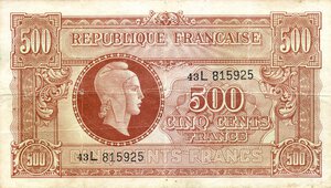 obverse: CARTAMONETA ESTERA - FRANCIA - Governo di Vichy (1940-1944) - 500 Franchi (1944) Pick 106    Due forellini. qBB