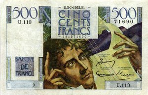 obverse: CARTAMONETA ESTERA - FRANCIA - Quarta Repubblica (1947-1958) - 500 Franchi 03/07/1952  R   Parte in basso a s. ricostruita. MB