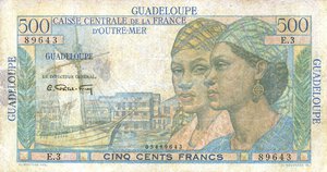 obverse: CARTAMONETA ESTERA - GUADALUPE - Quarta Repubblica (1947-1958) - 500 Franchi 1947/49 Pick 36 R   Restauri. MB