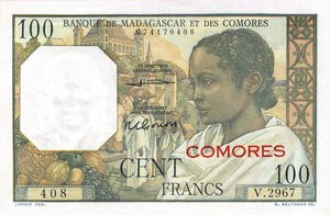 obverse: CARTAMONETA ESTERA - ISOLE COMORES - Dominazione Francese (1886-1975) - 100 Franchi (1960-63) Pick 3. qFDS