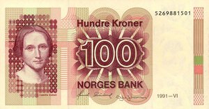 obverse: CARTAMONETA ESTERA - NORVEGIA - Harald V (1991) - 100 Corone 1991. FDS