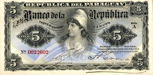 obverse: CARTAMONETA ESTERA - PARAGUAY - Repubblica  - 5 Pesos 26/12/1907 Pick 156. qFDS