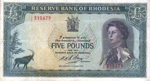 obverse: CARTAMONETA ESTERA - RHODESIA - Elisabetta II (1952-1966) - 5 Sterline 01/07/1966 Pick 29    Qualche restauro. meglio di MB