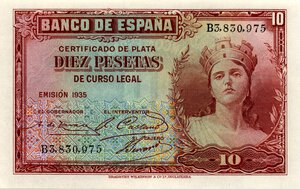 obverse: CARTAMONETA ESTERA - SPAGNA - Seconda repubblica spagnola (1931-1939) - 10 Pesetas 1935 Pick 86. qFDS