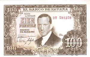 obverse: CARTAMONETA ESTERA - SPAGNA - Francesco Franco Caudillo (1939-1975) - 100 Pesetas 07/04/1953. SPL+