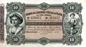 obverse: CARTAMONETA ESTERA - URUGUAY - Repubblica (1830) - 10 Pesos 01/01/1883. qFDS