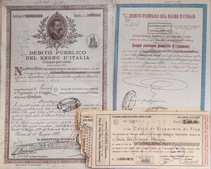 obverse: VARIE - Azioni e obbligazioni  Debito Pubblico del regno d Italia (6), in aggiunta 52 assegni del Consorzio Agrario di Pisa, anni  30. BB÷SPL