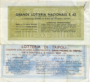 reverse: VARIE - Biglietti lotterie  Lotteria di Tripoli 1937 e Grande Lotteria Nazionale 1938 - Lotto di 2 biglietti. BB+