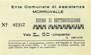 obverse: VARIE - Buoni  Commemorativi e di soccorso, da 50 lire - Comune di Morrovalle, ente di assistenza  RR. FDS