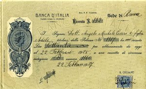 obverse: VARIE - Assegni  Banca d Italia, sede di Roma, da lire 70, 22/02/1927. bello SPL