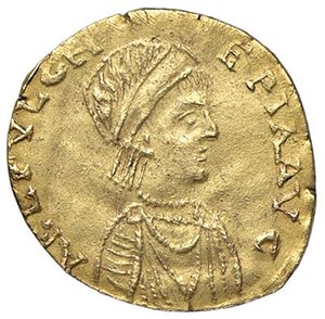 obverse: Raccolta di falsi da studio - Restrike collection - Falsi-Restrike (da studio, moderni, ecc.) - Pulcheria (figlia di Arcadio) - Tremisse   (AU g. 1,75). BB