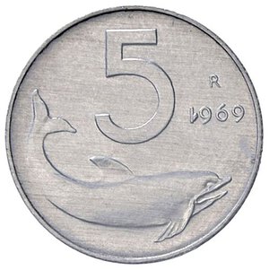 reverse: Raccolta di falsi da studio - Restrike collection - Falsi-Restrike (da studio, moderni, ecc.) - Repubblica Italiana (monetazione in lire) (1946-2001) - 5 Lire 1969   (IT g. 1)1 della data rovesciato. SPL