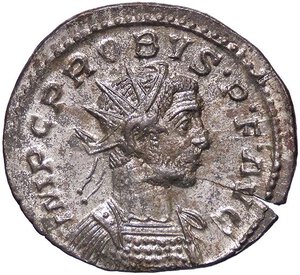 obverse: ROMANE IMPERIALI - Probo (276-282) - Antoniniano C. 105; RIC 116  (MI g. 3,34)Buona argentatura. qSPL