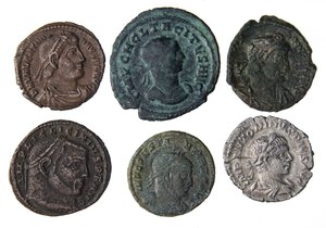 obverse: LOTTI - Imperiali  Elagabalo, Licinio I, Costantino I, Valentiniano I, Tacito, Gioviano - Lotto di 6 monete. MB÷qBB