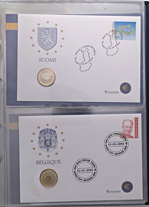 obverse: LOTTI - Estere  EUROCOIN - 12 monete da 1 euro con busta e scheda, su album dedicato, un po  rovinato all interno. FDC