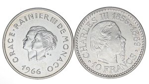 obverse: LOTTI - Estere  MONACO - 10 franchi 1966 - Lotto di 2 monete. qFDC