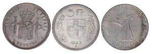 reverse: LOTTI - Estere  SVIZZERA - 5 franchi 1923, Romania 500 lei 1941, Spagna 5 pesetas 1889 - Lotto di 3 monete. MB+÷BB