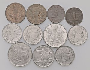 obverse: LOTTI - Savoia  Lira 1939 e 1941, 50 centesimi 1942, 20 centesimi 1940 (2)-1941-1942, 10 centesimi 1940 e 1942, 5 centesimi 1936 e 1937, tutte SPL-FDC, tranne il 1936 che è BB - Lotto di 11 monete. BB÷FDC