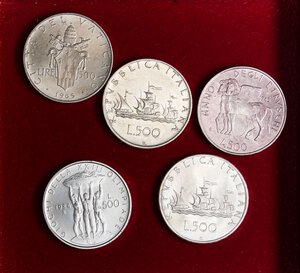 obverse: LOTTI - Repubblica Italiana  500 lire 1959-1967-1985, Vaticano 500 lire 1965 e San Marino 500 lire 1984 - Lotto di 5 monete. qFDC÷FDC