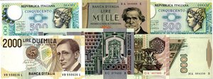 obverse: LOTTI - Cartamoneta-Italiana  10000 lire Castagno (5), 5000 lire Da Messina (7), 2000 lire Marconi (13), 1000 Lire M. Polo (4) e Verdi II tipo (2), 500 lire Mercurio (3). qFDS÷FDS