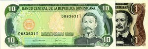 obverse: LOTTI - Cartamoneta-Estera  DOMINICANA REP. - 10 pesos (4) e peso (5). FDS