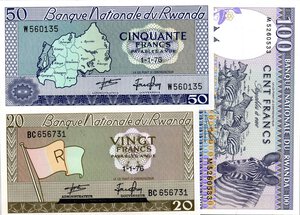 obverse: LOTTI - Cartamoneta-Estera  RUANDA - 100 franchi (15), 50 franchi (17), 20 franchi, lotto di 33 biglietti. FDS