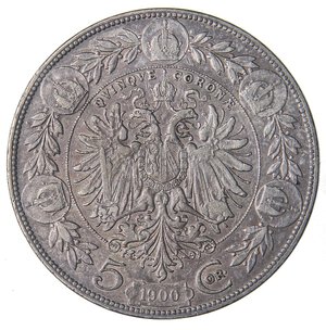 reverse: ESTERE - AUSTRIA - Francesco Giuseppe (1848-1916) - 5 Corone 1907 Kr. 2807  AG Sulla moneta millesimo 1900 Segnetti al D/. BB/BB+