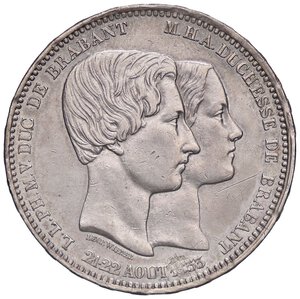 reverse: ESTERE - BELGIO - Leopoldo I (1831-1865) - 5 Franchi 1853 - Matrimonio Kr. M2. 2 R AG  Colpetti e graffi sulla data. BB+