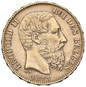 obverse: ESTERE - BELGIO - Leopoldo II (1865-1909) - 20 Franchi 1875 Kr. 37  (AU g. 6,45). SPL