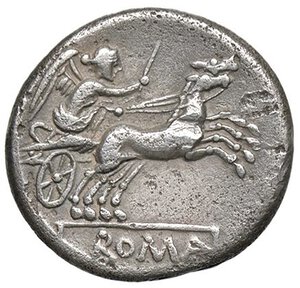 reverse: ROMANE REPUBBLICANE - ANONIME - Monete senza simboli (dopo 211 a.C.) - Denario B. 6; Cr. 197/1  (AG g. 3,71). qBB