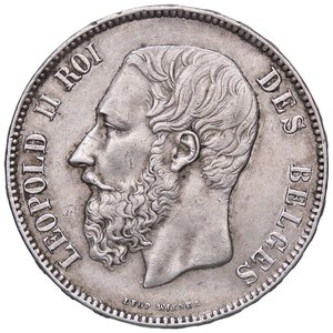 obverse: ESTERE - BELGIO - Leopoldo II (1865-1909) - 5 Franchi 1872 Kr. 24  AG. BB-SPL