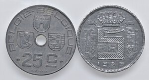 reverse: ESTERE - BELGIO - Leopoldo III (1934-1950) - 5 Franchi 1945 Morin 475  ZI Assieme a 25 c. 1944 - Lotto di 2 monete. BB+