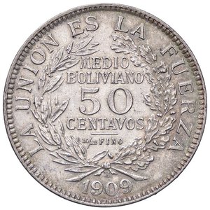 reverse: ESTERE - BOLIVIA - Repubblica (1825) - 50 Centavos 1909 H Kr. 176  AG. bello SPL