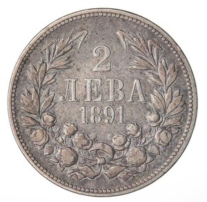 reverse: ESTERE - BULGARIA - Ferdinando I (1887-1918) - 2 Leva 1891 KB Kr. 14  AG. qBB/BB