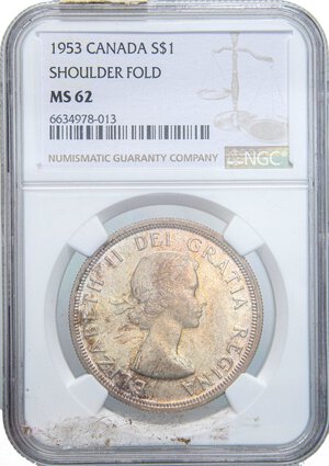 obverse: ESTERE - CANADA - Elisabetta II (1952-2022) - Dollaro 1953 Kr. 54  AG  Sigillata NGC MS62. qFDC