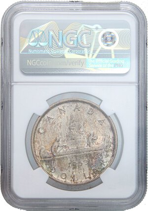 reverse: ESTERE - CANADA - Elisabetta II (1952-2022) - Dollaro 1953 Kr. 54  AG  Sigillata NGC MS62. qFDC