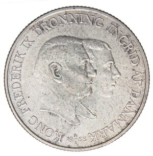 obverse: ESTERE - DANIMARCA - Federico IX (1947-1972) - 2 Corone 1953 - Campagna contro la tubercolosi Kr. 844  AG. qFDC