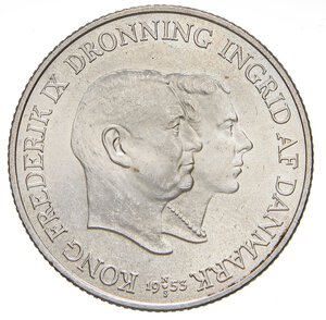 obverse: ESTERE - DANIMARCA - Federico IX (1947-1972) - 2 Corone 1953 - Campagna contro la tubercolosi Kr. 844  AG. qFDC