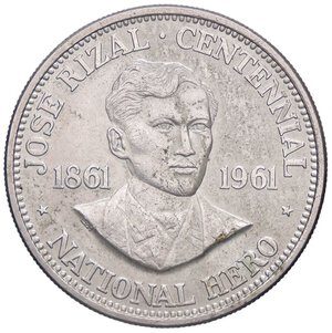 obverse: ESTERE - FILIPPINE - Repubblica  - Peso 1961 - 100° Anniversario della nascita di Jose Rizal Kr. 192  AG. SPL