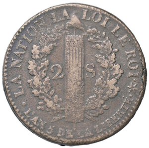 reverse: ESTERE - FRANCIA - Luigi XVI (1774-1792) - 2 Sols 1793 BB Kr. 612  CU. qBB/BB