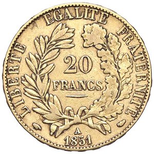 reverse: ESTERE - FRANCIA - Seconda Repubblica (1848-1852) - 20 Franchi 1851 A Kr. 762  (AU g. 6,38). BB