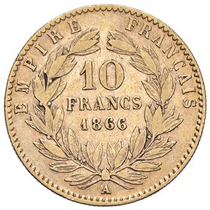 reverse: ESTERE - FRANCIA - Napoleone III (1852-1870) - 10 Franchi 1866 A - Testa laureata Kr. 800.1  (AU g. 3,21). qBB